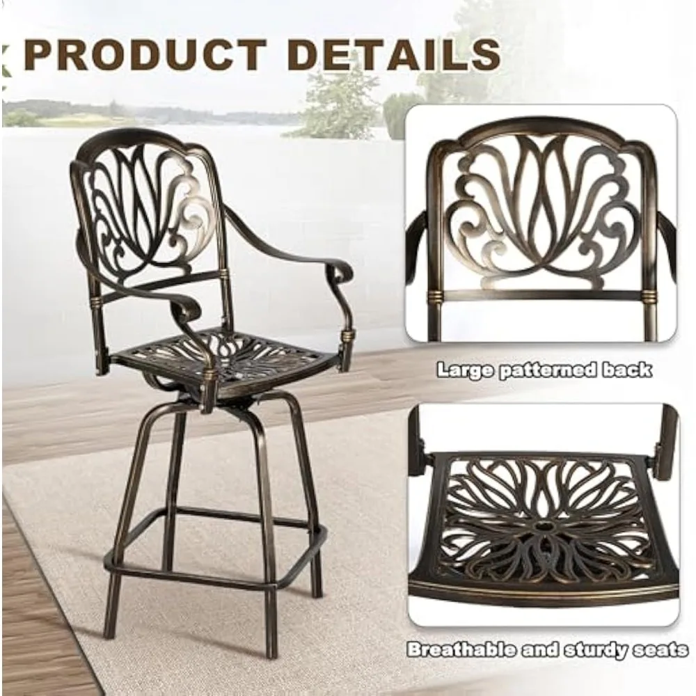Outdoor Cast Aluminum Swivel Bar Stools Set of 2, Patio Height Bartools Chairs, 2 Piece Patio High Dining Bistro Chairs 6