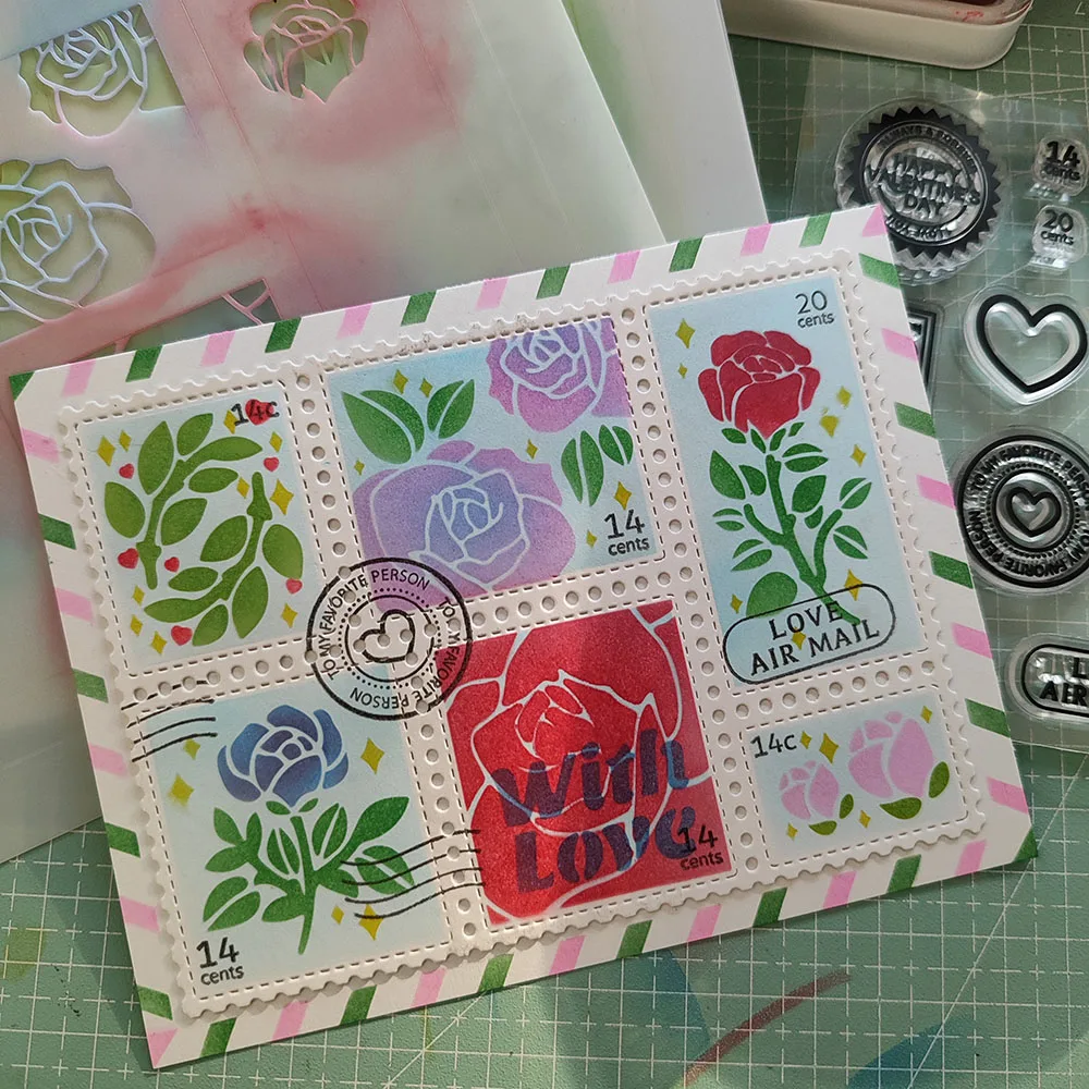Lucky Postage Collage Stencil for Card making Cutting Die and Clear stamp set for Spring Farm Card Making Scrapbooking Dec