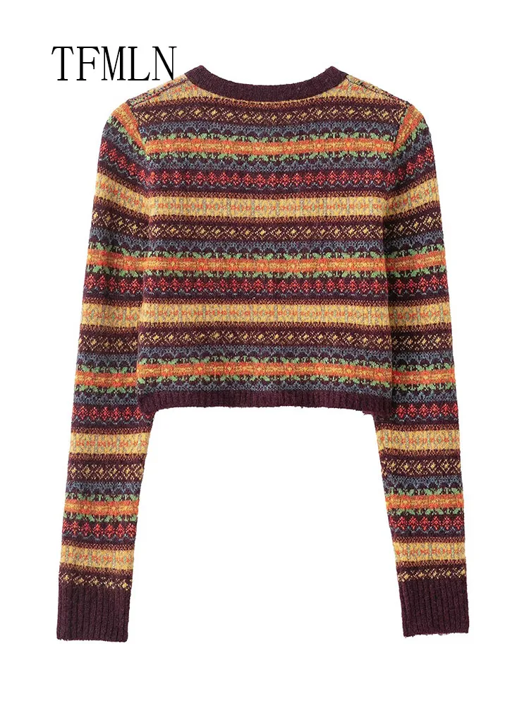 Jacquard Knitted Cropped Coats For Women Fashion Single Breasted O-neck Causal Jacket Long Sleeve Cardigan Tops 2026 Spring