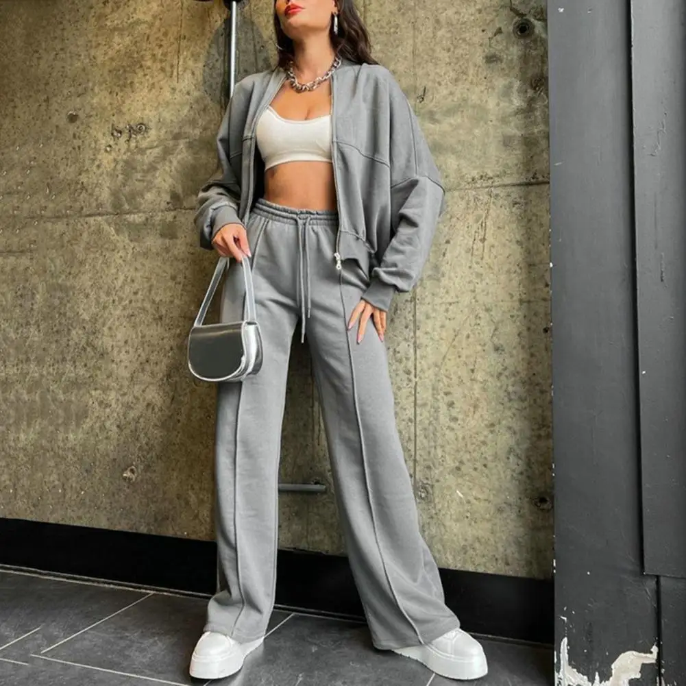 Women Coat Pants Set Stand Collar Zipper Closure Long Sleeve Jacket High Elastic Waist Wide Leg Pants Solid Color Lady Tracksuit fall women sportswear set for women lady zipper jacke flared pants casual sweatsuit set jogger set tracksuit women two piece set