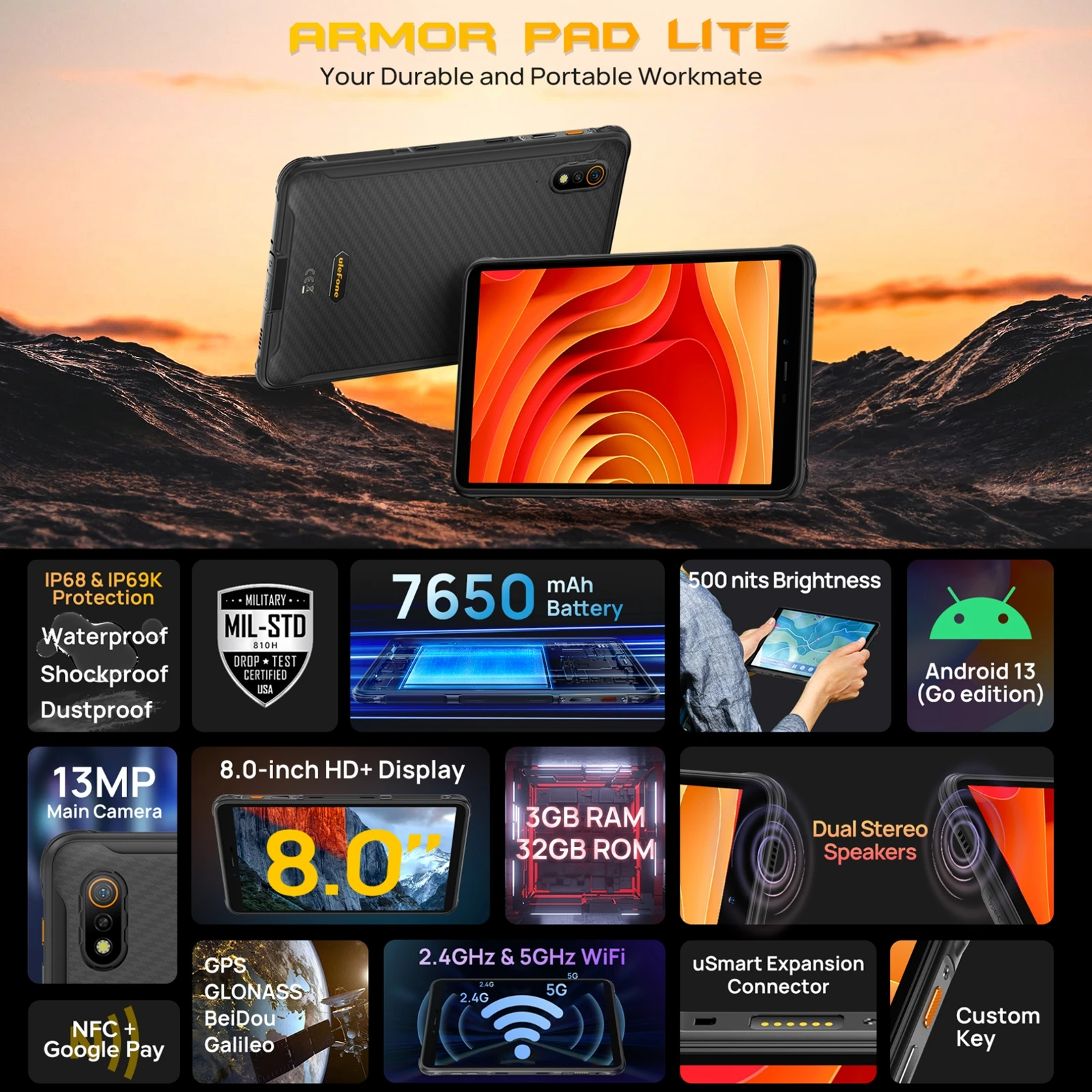 Ulefone Armor Pad Lite Rugged Tablet PC 3GB+32GB 8.0 inch Android 13 MTK MT8766 Tablet 13MP Camera 7650mAh Battery Face unlock