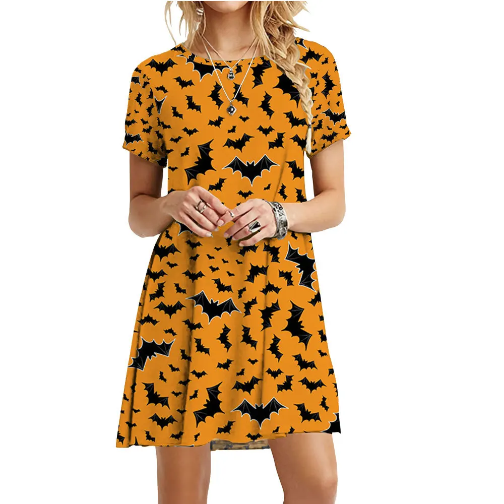 

Halloween Bat Fashion Dresses For Women Short Sleeve Summer Loose Clothing Oversized Street Casual Pattern Print Dress Custom