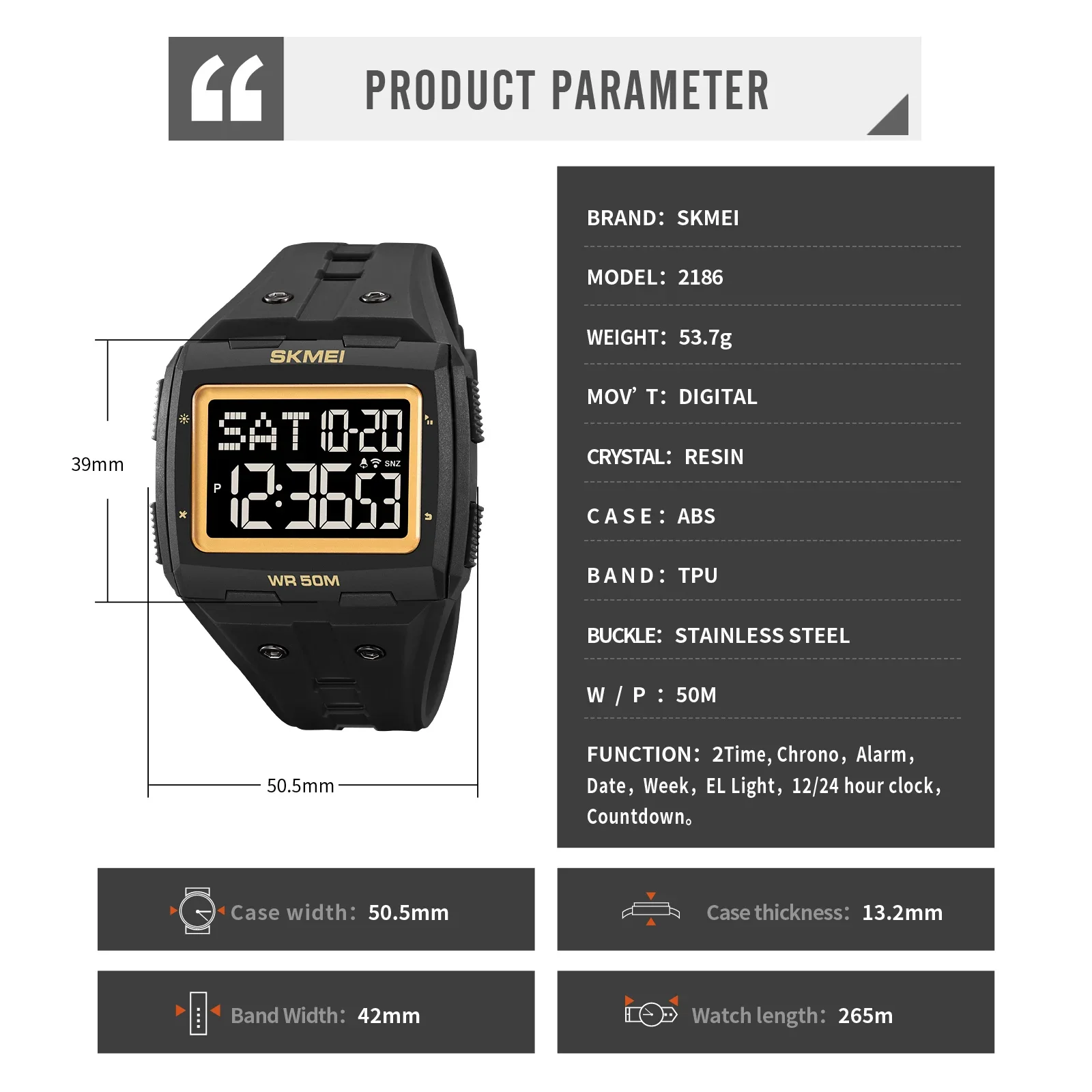 SKMEI 2186  Alarm reloj hombre Countdown Sport Watches Mens 5Bar Waterproof Back Light Stopwatch Digital Wristwatch For Male 6
