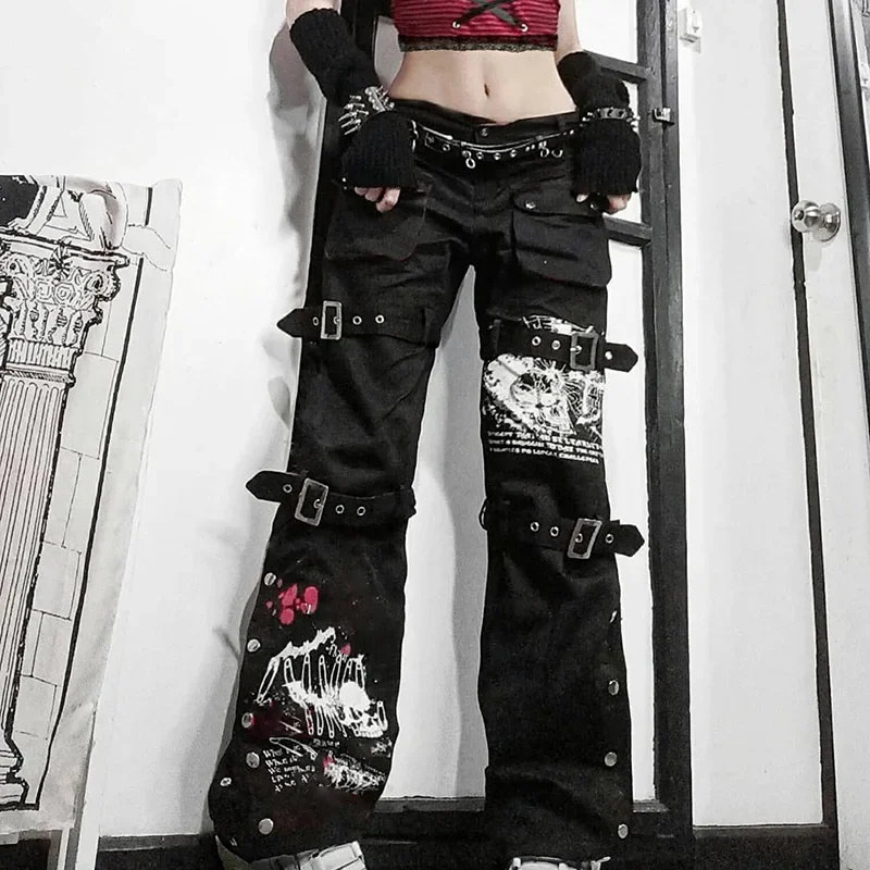 

Gothic Bandage Women Baggy Jeans Y2K Aesthetic Harajuku Cartoon Print Black Denim Trousers Dark Academia Hight Waist Pants Punk