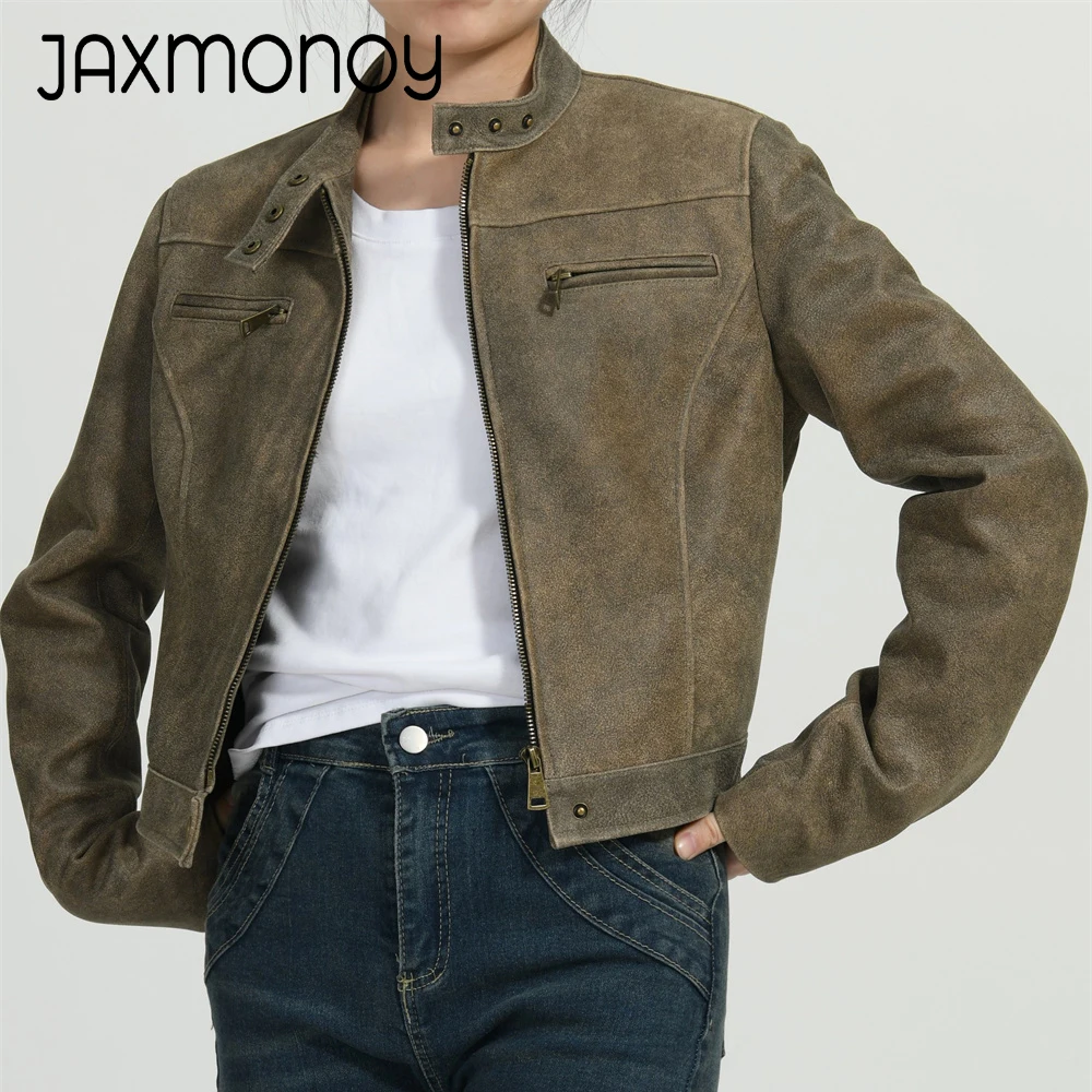 

Jaxmonoy Women's Real Leather Jacket Spring Sheepskin Moto Biker Zipper Jacket Ladies Fashion Short Genuine Leather Coat Cropped