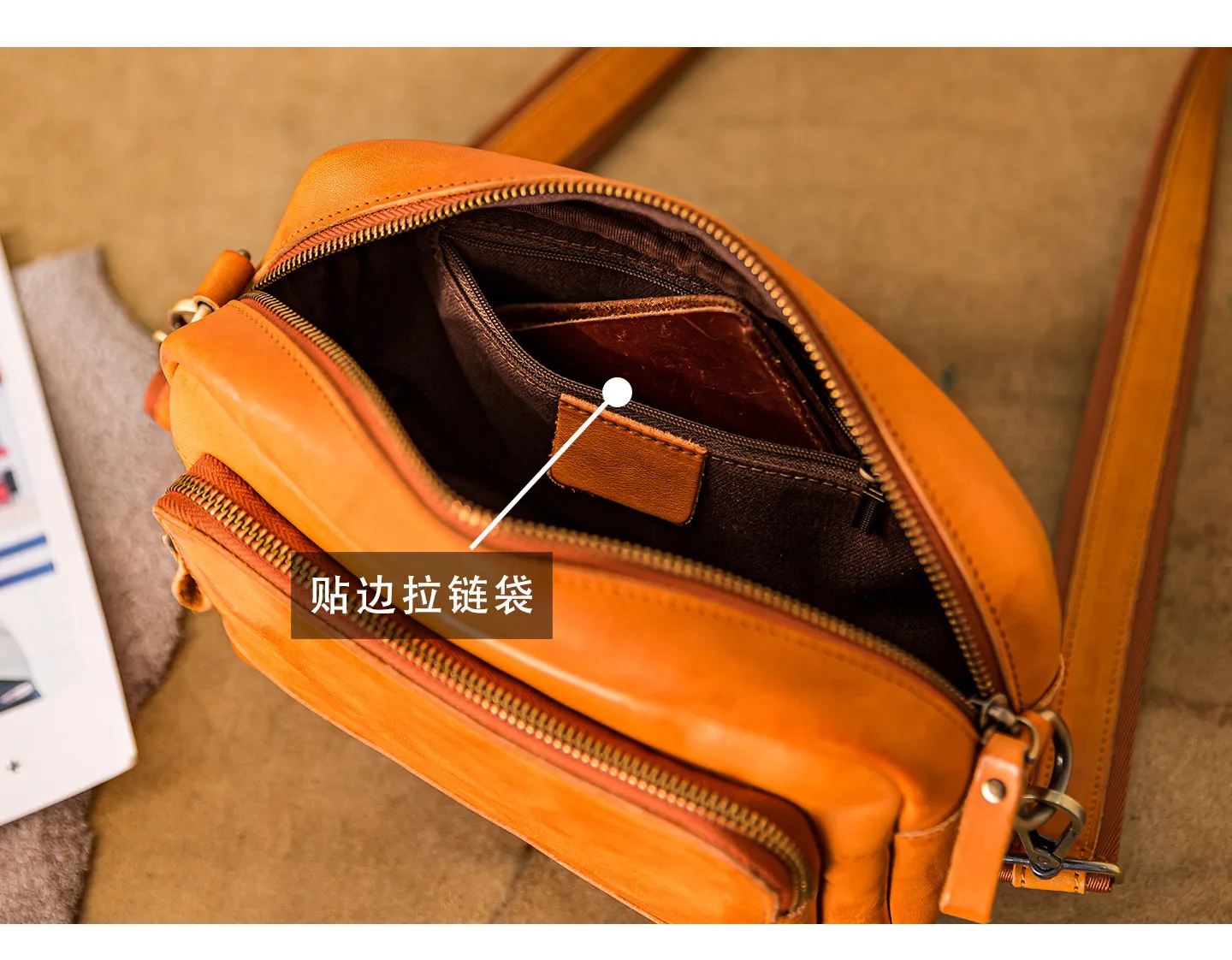 Einfache, handgefertigte Vintage-Umhängetasche aus pflanzlich gegerbtem Rindsleder für Herren, Outdoor-Reisetasche, luxuriöse Umhängetasche aus echtem Leder für Teenager – Detail 5