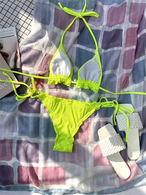 Maillot de bain femme 2 pièces couleur néon, vert, côtelé, triangle, deux pièces, bikini – Image 3