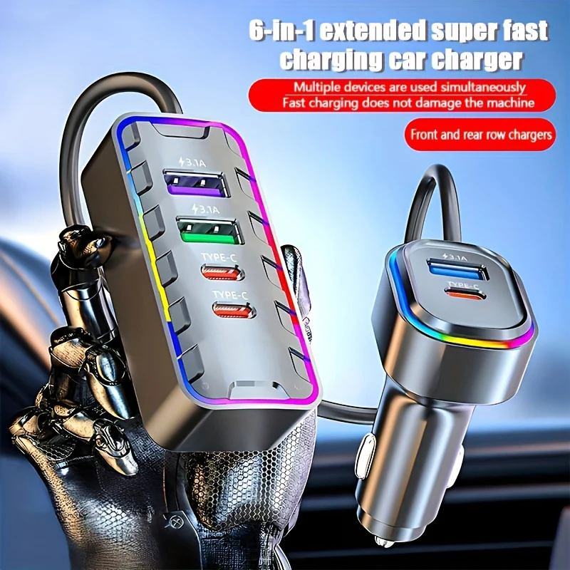 22.5W Fast Car Charger 7-Port Expansion Simultaneous Front and Rear Charging Type-C USB Family Travel Adapter Charger