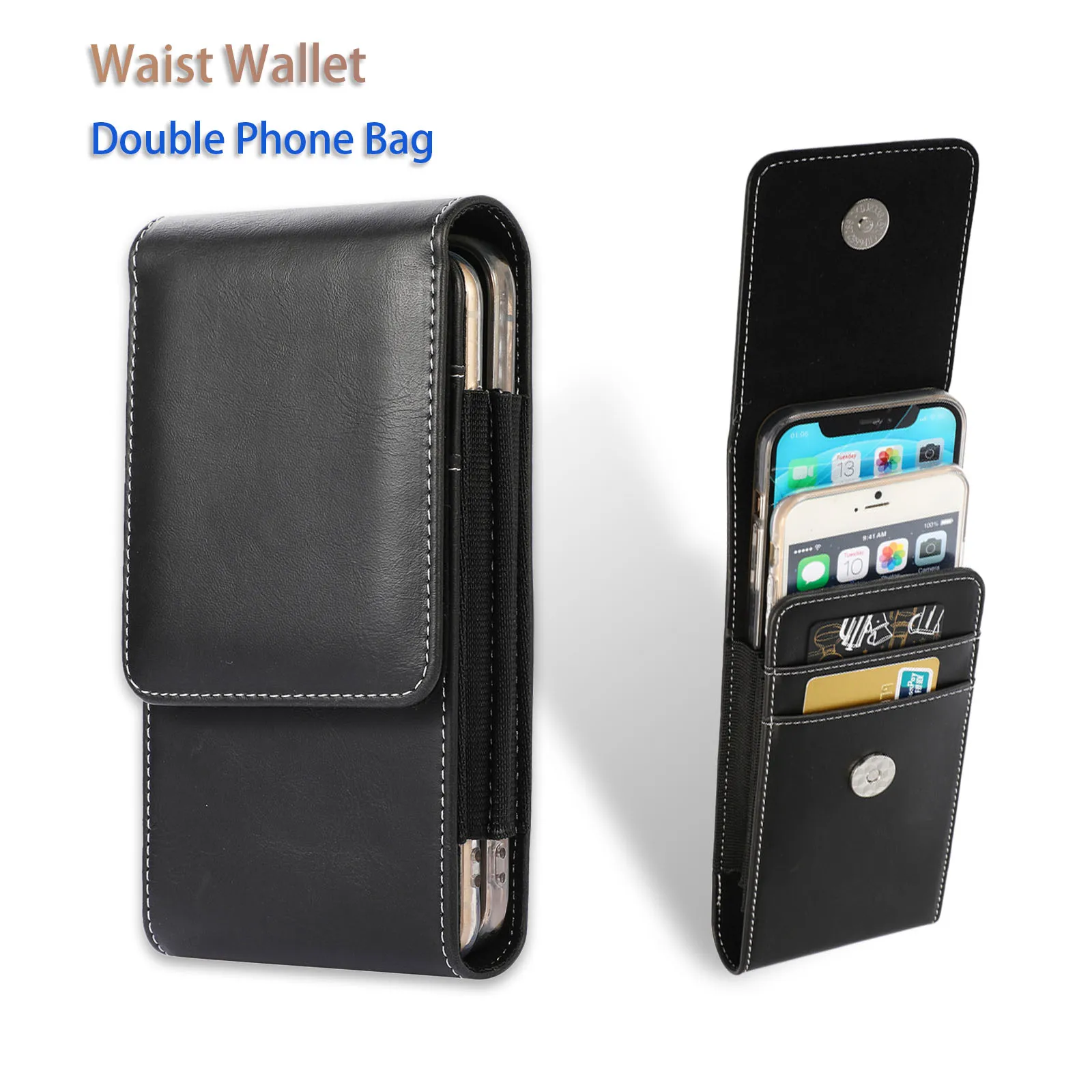 Leather Dual Pouch Wallet Card Holder Two Mobile Phone Belt Clip Case For iPhone Samsung Xiaomi Huawei 2 Holster Men Waist Bag