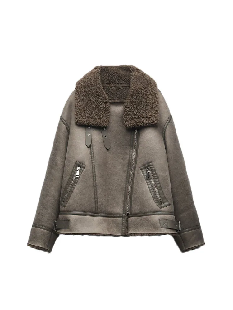 

PUWD Women Fashion Brown Thick Warm Winter Jacket Coat Vintage Long Sleeve Belt Hem 2022 Fall Winter Female Outerwear Chic Tops