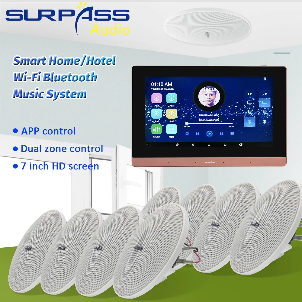 7 Inch Android 5.1 Smart Hotel Home Audio System WiFi Blue-tooth Multi Room Sound In Wall Amplifier With 8pcs Ceiling Speaker
