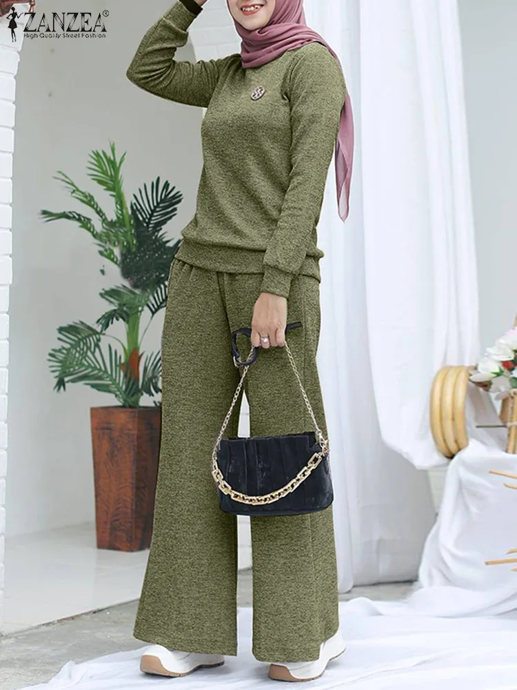 

Women Muslim Matching Sets ZANZEA 2pcs Fashion Long Sleeve O Neck Tops Wide Leg Pant Sets Spring Urban Tracksuits Casual Suits