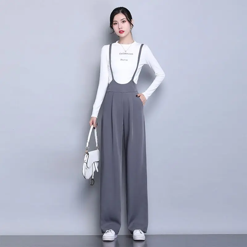 Elegant Overalls for Women Sleeveless Straps Jumpsuits Spring Autumn Wide Leg Trousers Loose Rompers Ladies Office Long Pants casual loose plus size jeans jumpsuits women spring autumn print floral denim overalls wide leg dungarees straps baggy pants