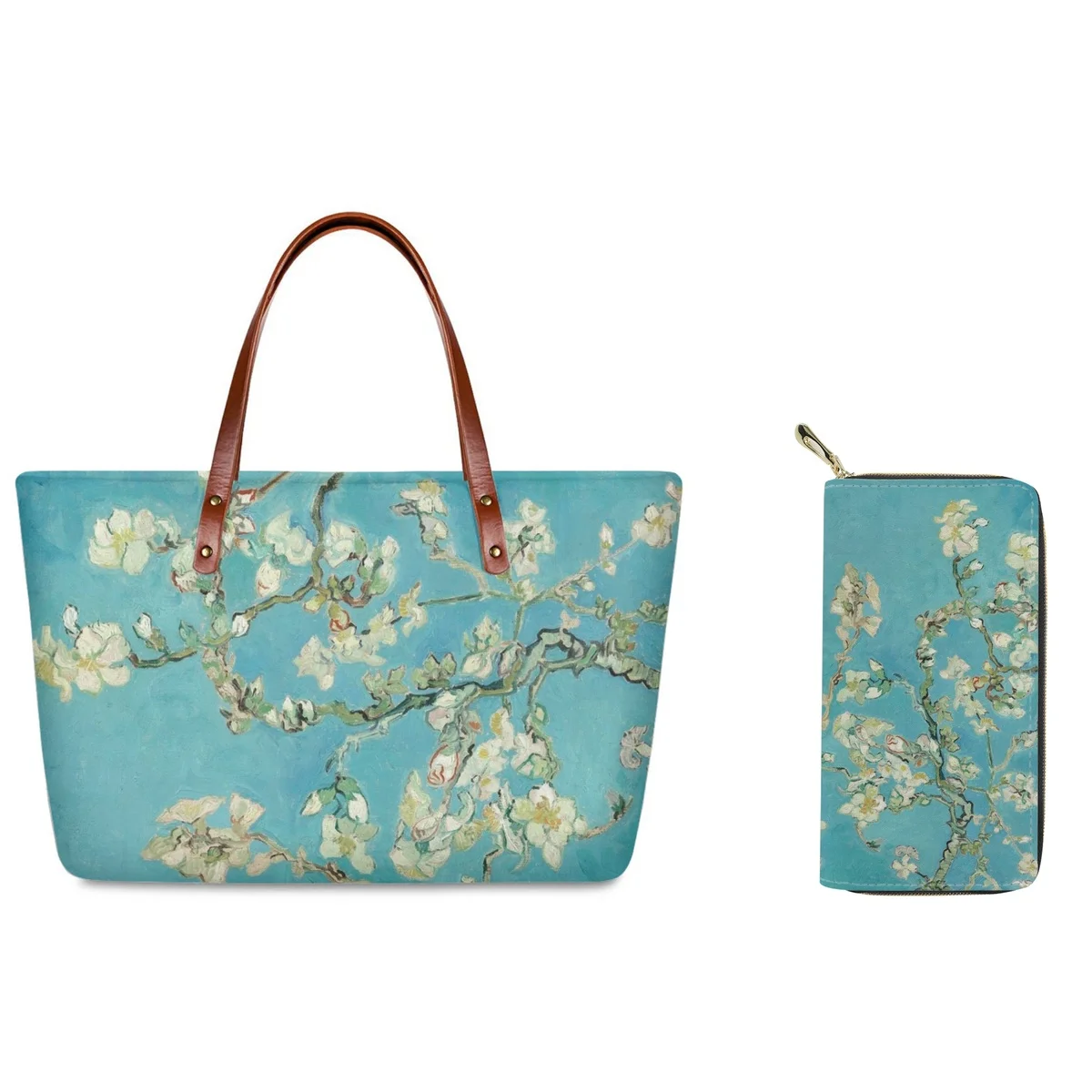 Forudesigns Pittura A Olio Cherry Blossom Handbag Ladies Combination Wallet Plus Handbag Blue Green Background Shopping Bag Femminile