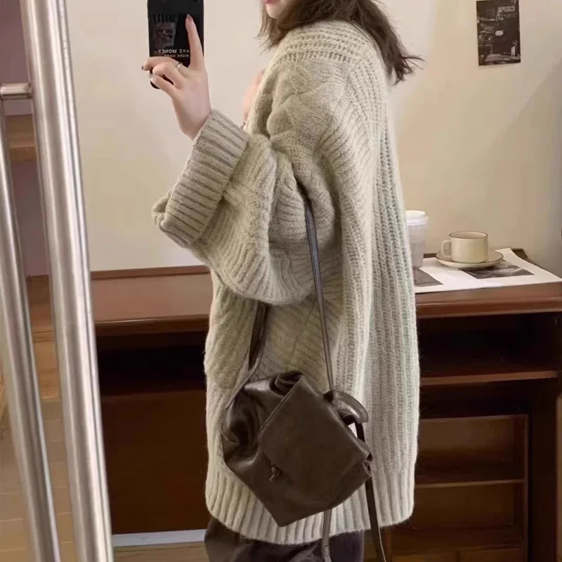 Winter Cardigan Women's Pocket Sweater Korean Loose Knitted Cardigan Casual Solid Knit Jacket Medium Long Thick Autumn