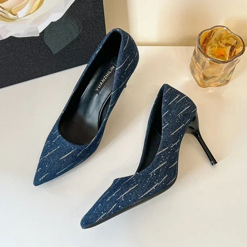 Plus Size Shoes Fashion Women Summer High Heels Wedding Shoes Denim Pointed Stiletto Heel Work Shoes 8cm High Heels 5