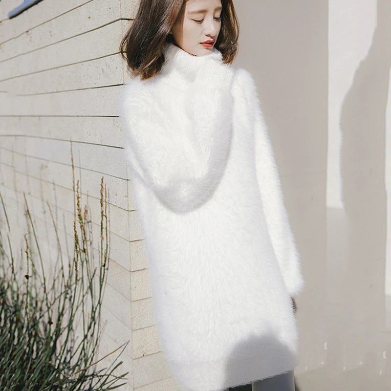 

Autumn Turtleneck Mohair Sweater Women Pullovers Knit Dress Long Korean Loose Knitted Thick Winter Bottoming Sweaters Dress