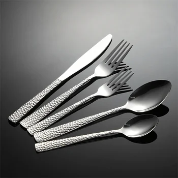Set di posate in acciaio inossidabile 430 con motivo martellato, cucchiaio, coltello, forchetta, manico quadrato, stoviglie, offerte di stoviglie retrò di lusso 1