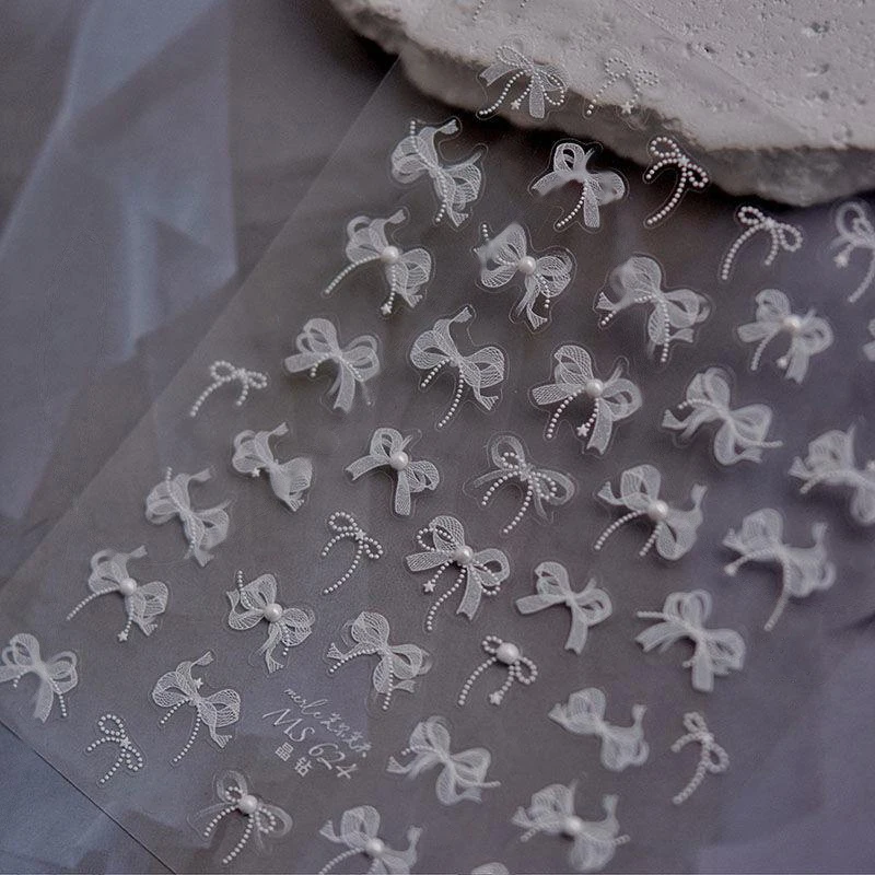 White 5D Pearl Lace Bowknot Wave Lines Nail Stickers Elegant Exquisite Nail Decoration Decals DIY Self Adhesive Transfer Slider 6