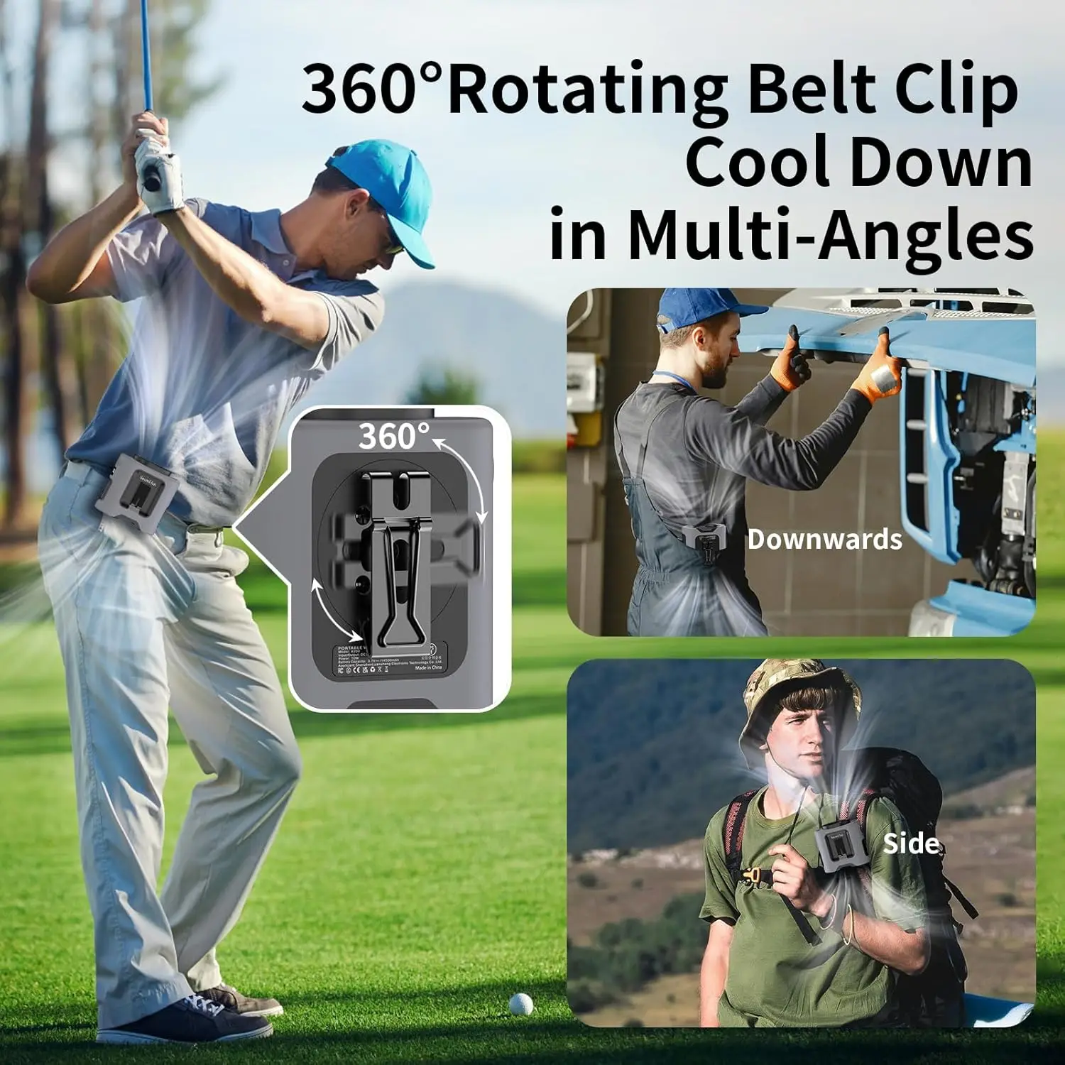 14500mAh Portable Waist Fan Clip on Belt 360 Rotation Wearable Rechargeable Personal Shirt Fan, 67H Cooling 5-Speed Battery