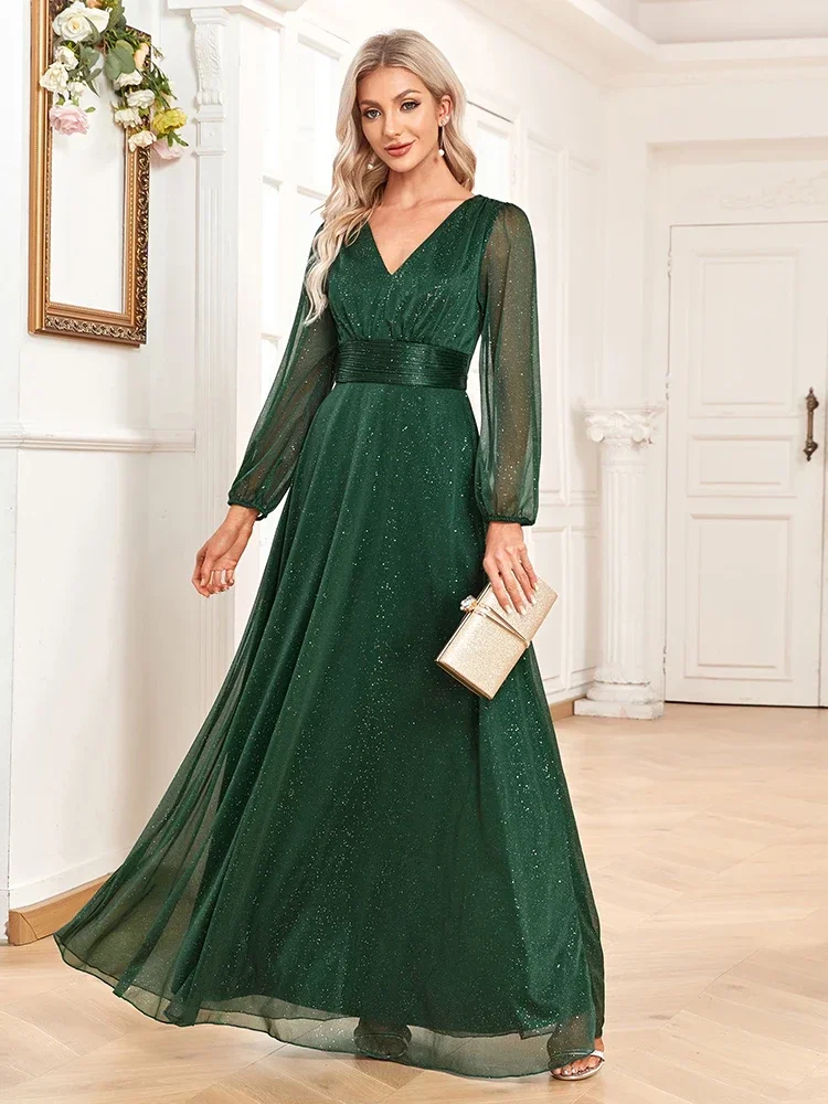 Women's Elegant New V Neck Shiny Chiffon Evening Gown A Line Long Sleeve Wedding Bridesmaid Dress Party Dresses Women Evening 4