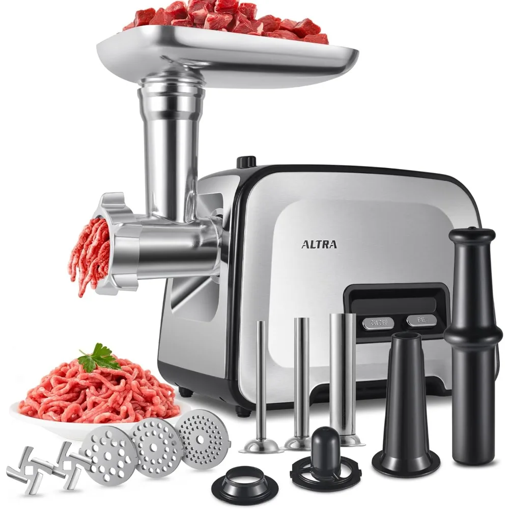 

ALTRA Meat Grinder Electric, Sausage Maker with 3 Stainless Steel Sausage Tubes, 2 Blades, 3 Grinding Plates, Plastic Tube