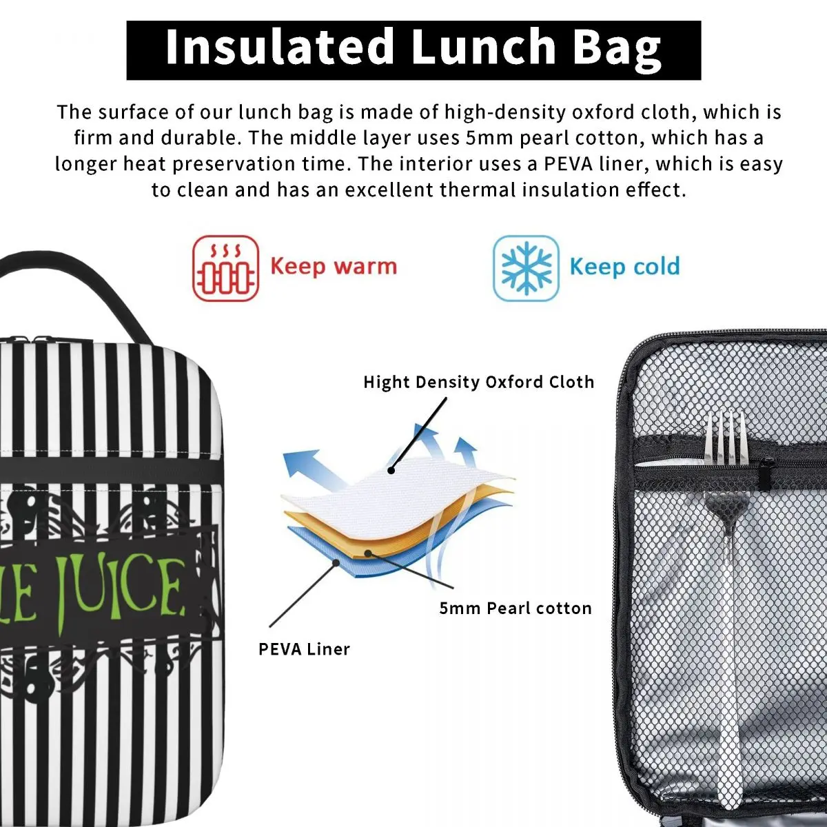 Tim Burton Horror Movie Beetlejuice Insulated Lunch Bags for Women Portable Cooler Thermal Bento Box Kids School Children