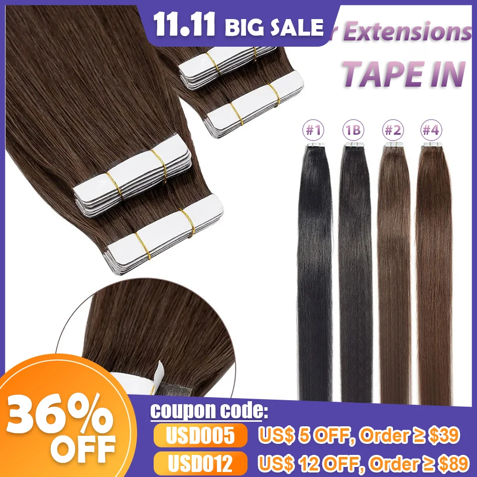 Human Hair Tape In Extensions Silky Straight Natural Brown Color