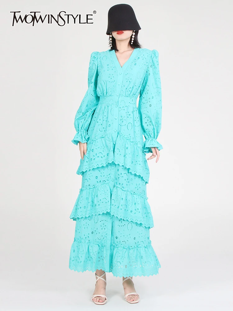 

TWOTWINSTYLE Cut Out Midi Dress For Women V Neck Long Sleeve High Waist Solid Vintage Dresses Female Clothing Summer 2022 Style