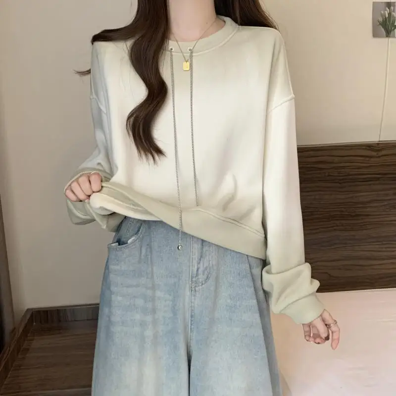 Women's Autumn Winter Fashionable Elegant Round Neck Long Sleeved Pullover Hoodie Casual Versatile Western-style Commuting Tops