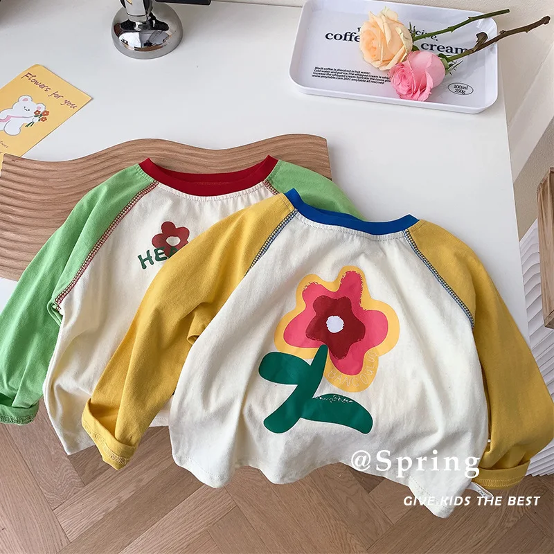 

Модные детские топы в стиле пэчворк с мультяшными цветами, повседневные милые хлопковые детские футболки в Корейском стиле с длинным рукавом для младенцев, весенние