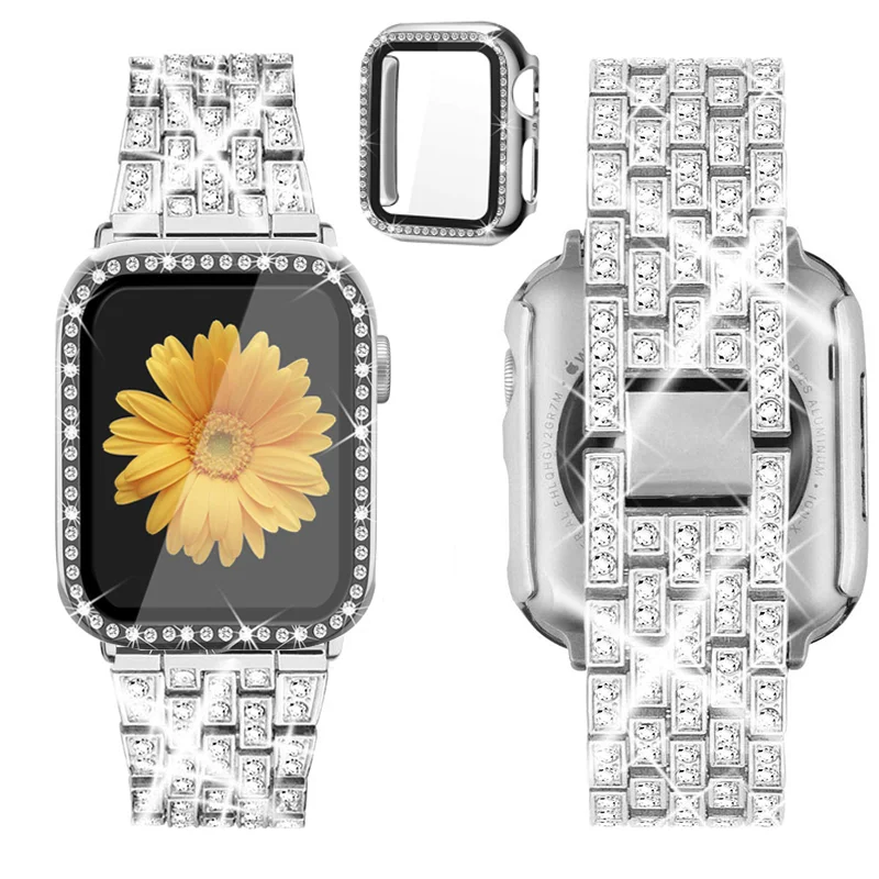 Elegant Diamond-Encrusted Watch Band with Protective Cover & Screen Protector