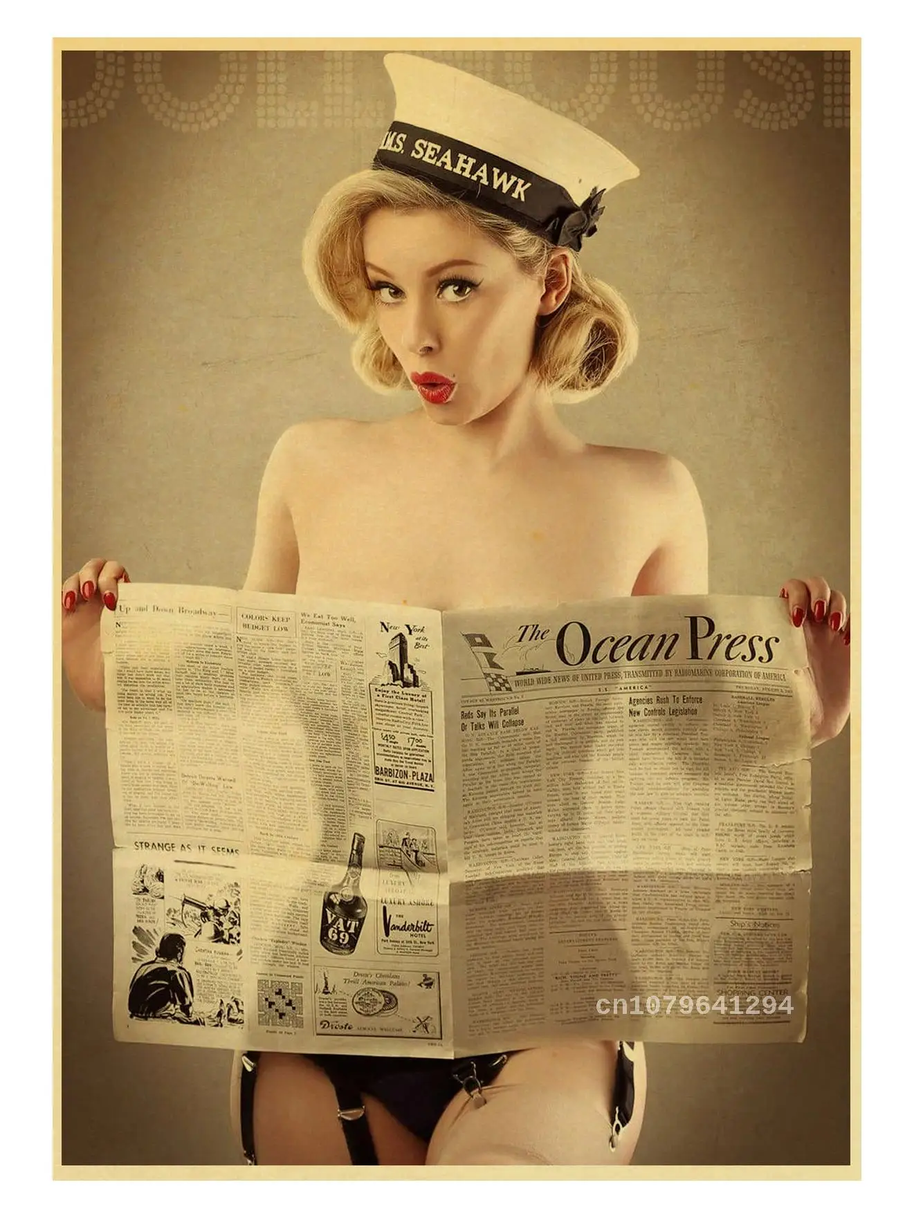 

Personalized Decorative Vintage Kraft Paper Poster of Beautiful Girl Sexy Lady Ocean Press Picture for Home Bar Art Wall Sticker