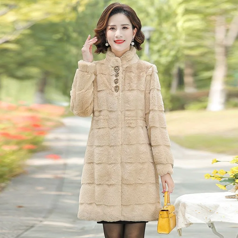 

2023 Autumn Winter New Mink Fur Coat Mom Wear Mink Fur Fashion Overcoat Middle Old Age Women Imitation Fur Jacket Medium Long