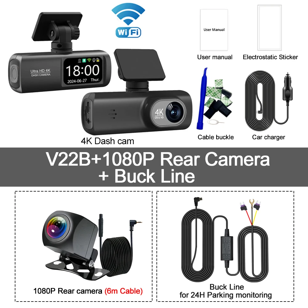 Cámara de salpicadero UHD 4K con doble lente, grabadora de conducción para coche, DVR 1080P, cámara trasera, WiFi integrado, GPS, monitorización de estacionamiento las 24 horas, caja negra