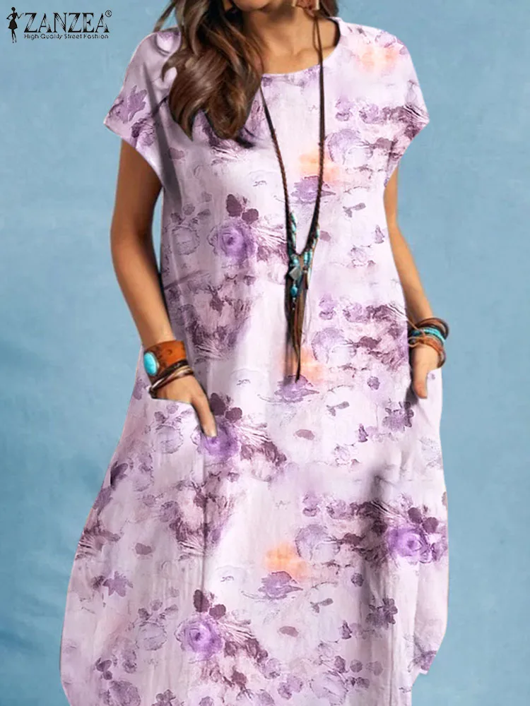 

ZANZEA Summer Casual Party Dress Fashion Floral Printed Vestidos Femme Vintage Midi Robe Woman Short Sleeve O-Neck Sundress 2023
