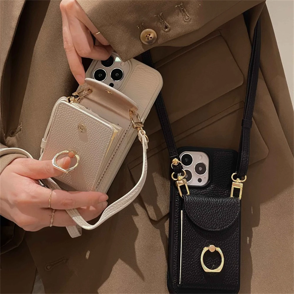 Estojo de Couro com Cordão Ajustável para Iphone Bolsa de Cartão Alça Transversal Anel de Metal Tampa com Carteira Slot para Iphone 14 13 12 11 Pro Max - Image 2