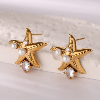Fashion Zircon Starfish Earrings for Women Stainless Steel Gold Color Stud Earrings 2025 Trend Piering Wedding Jewelry Gift