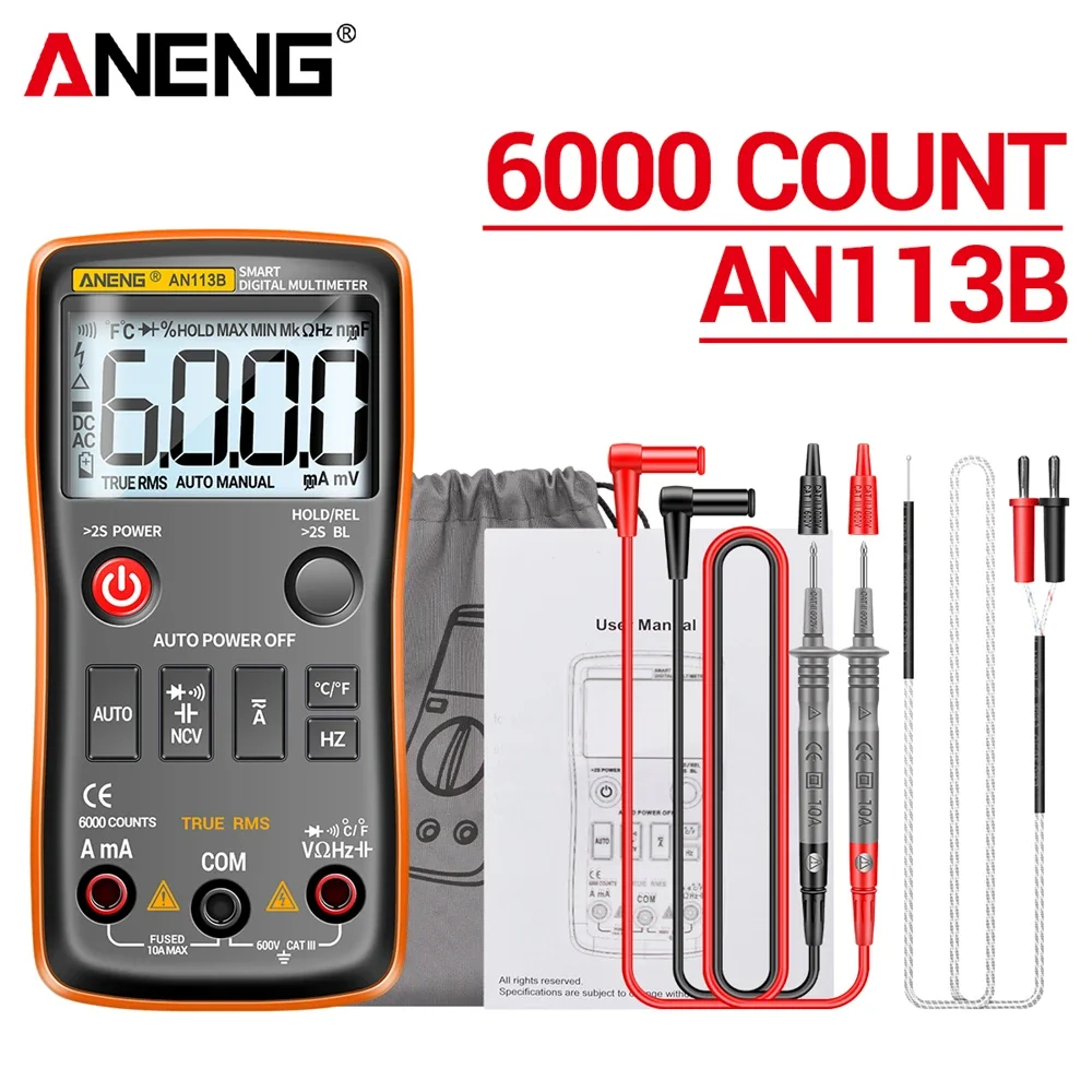 ANENG AN113B Digital Multimeter True RMS with Temperature Tester 6000 Counts Auto-Ranging AC/DC Transistor Voltage Meter digital multimeter multimeter tester