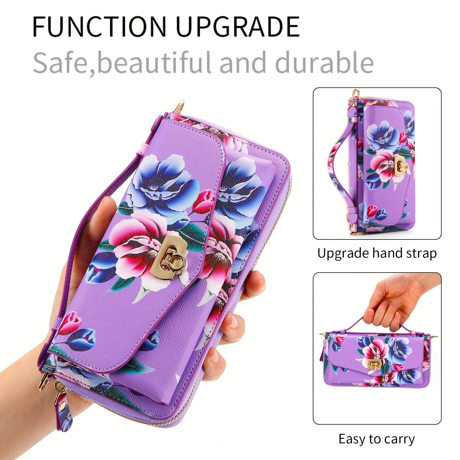 Flower Mobile Phone Bag With Lanyard Strap, PU Leather Zipper Handbag, RFID Blocking Card Holder, Casual Clutch Bag
