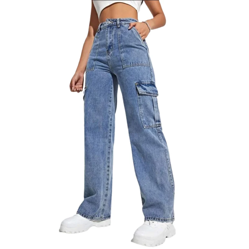 Women's Workwear Style Multi-Pocket Straight Jeans Trend Streetwear Female Comfortable Casual Trousers Blue Denim Pants Washable workwear style multi pocket splicing loose wide leg jeans women trend streetwear mid waist straight denim pants female trousers