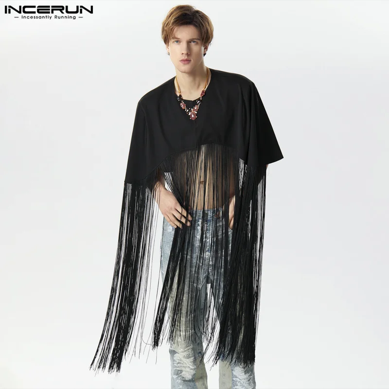 

Stylish Casual Style Tops INCERUN Men's Personality Cropped Long Tassel Cape Fashionable Party Shows Hot Sale Solid Trench S-5XL