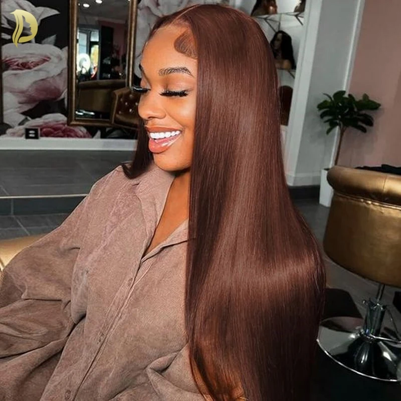 Lace Front Human Hair Wigs Reddish Brown Chocolate Brown Straight for Women