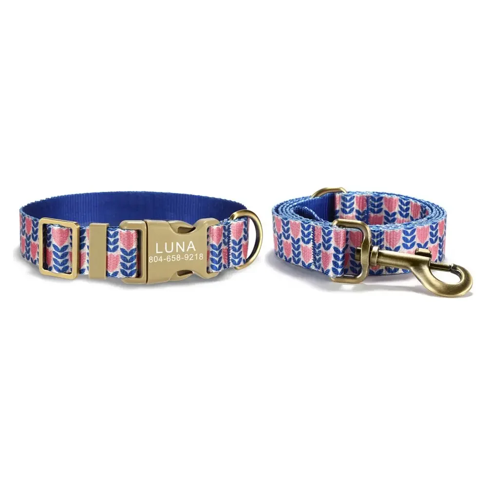 Personalized Pet Collar Customized Nameplate ID Adjustable Blue Tulip Soft Fiber Cat Dog Collars Lead Leash