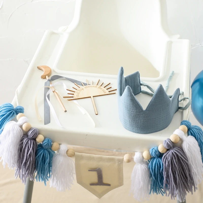 Baby alles Gute zum Geburtstag Banner handgemachte Quaste Anhänger erste Junge Mädchen Holz Hochstuhl Girlande Kit Kind rosa Party Hut Set für Geschenke – Detail 12