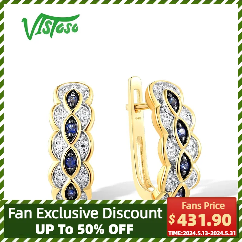 

VISTOSO 14K 585 Yellow Gold Earrings For Women Sparkling Diamond Blue Sapphire Delicate Wedding Anniversary Fine Jewelry