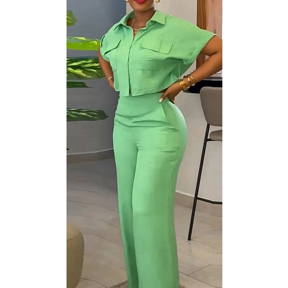 2024 Spring Summer Ensembles Femme 2Pcs Sets Suit for Women Pocket Decro Short Sleeve Shirt & Wide Leg Pants Set Two Pieces Set