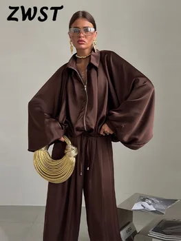 Casual Loose Pleated Shirt Pants Suit Women Solid Full Lantern Sleeve Zipper Shirts Wide Leg Trousers 2026 Fashion Street Set 1