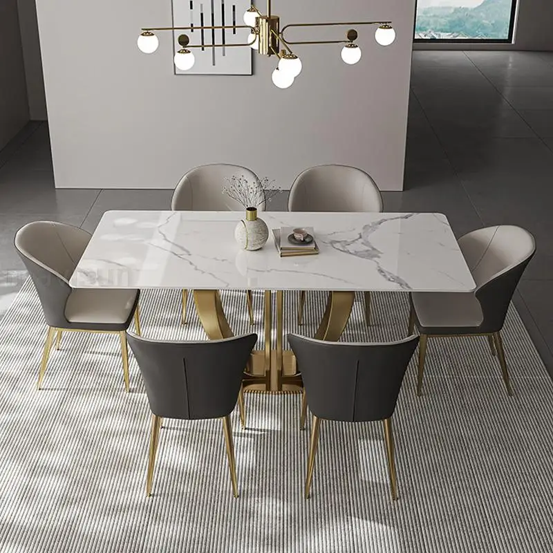 

Glossy Rock Slab Tabletop Dining Table 1.4m 1.6m Rectangle Table Dinner Conference Center Luxury Kitchen Table And Chairs