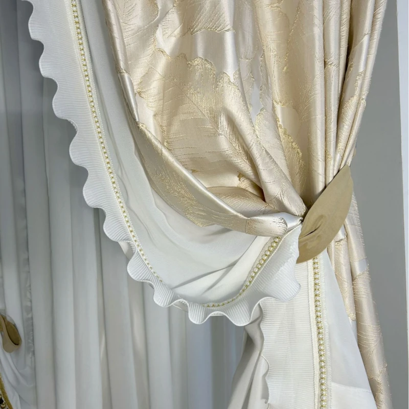 Relief Luxury Gold Wire Window Curtains High-precision Leaf Jacquard Bedroom Curtains Beige Premium Color Curtains Decoration 2